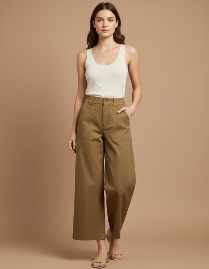 Pantalon Beige Coton Ample Taille Haute Cargo - Kaki Toile