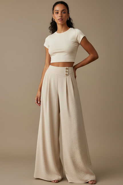 Pantalon Beige Fluide Ample Boutons Décontracté - Viscose