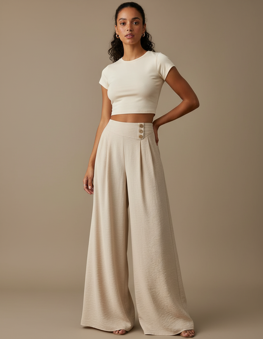 Pantalon Beige Fluide Ample Boutons Décontracté - Viscose