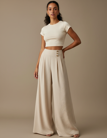 Pantalon Beige Fluide Ample Boutons Décontracté - Viscose