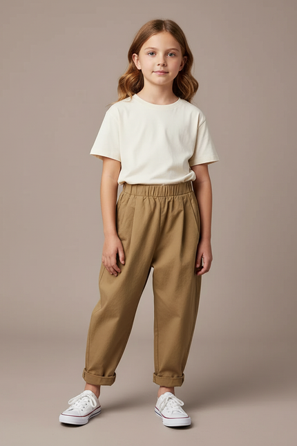 Pantalon Beige Ample Coton Taille Élastique Enfant - Kaki
