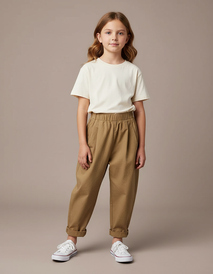 Pantalon Beige Ample Coton Taille Élastique Enfant - Kaki