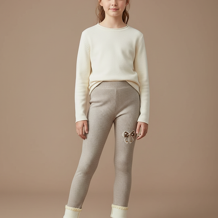Pantalon Beige Côtelé Fille Broderie Polaire Hiver - Maille