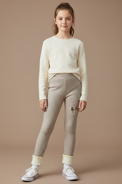 Pantalon Beige Côtelé Fille Broderie Polaire Hiver - Maille