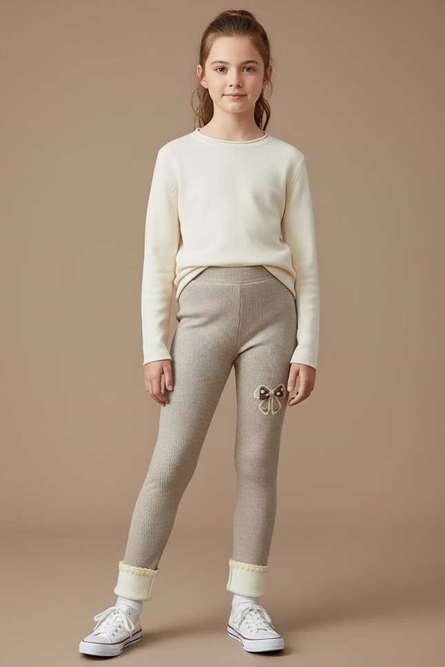 Pantalon Beige Côtelé Fille Broderie Polaire Hiver - Maille