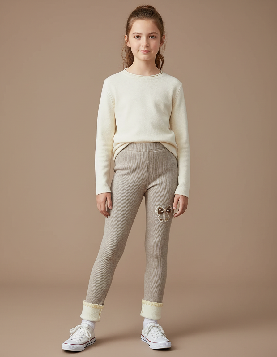 Pantalon Beige Côtelé Fille Broderie Polaire Hiver - Maille
