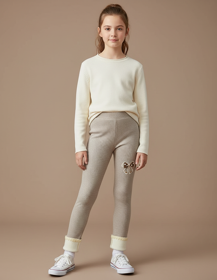 Pantalon Beige Côtelé Fille Broderie Polaire Hiver - Maille