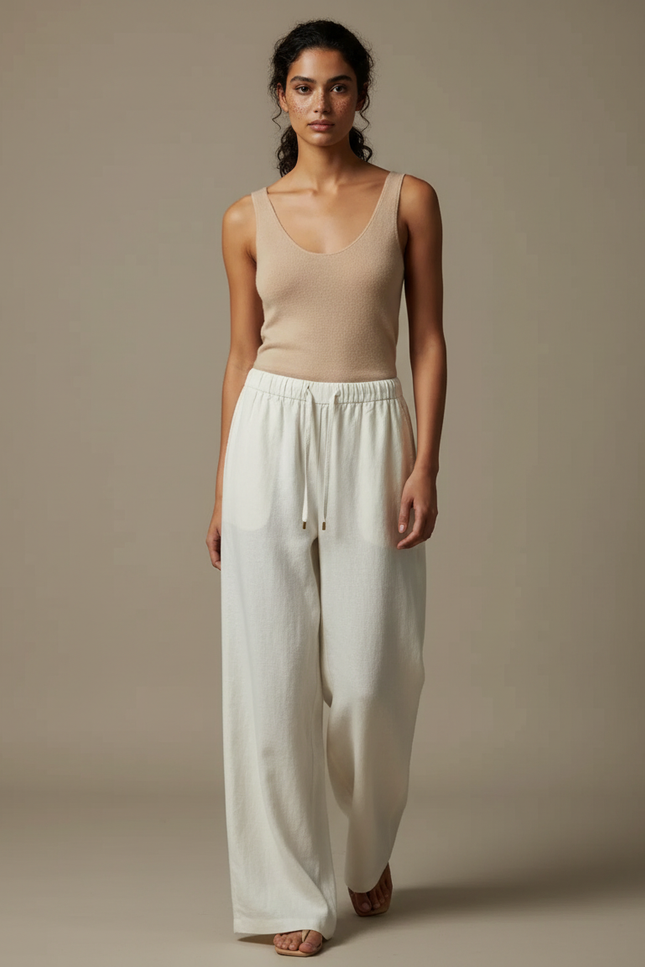 Pantalon Beige Fluide Ample Décontracté Élégant - Lin