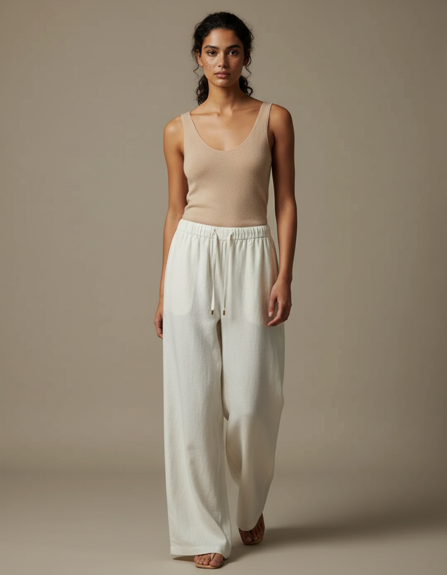 Pantalon Beige Fluide Ample Décontracté Élégant - Lin