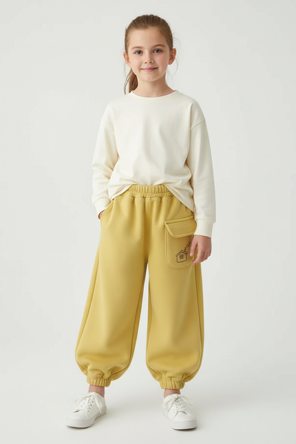 Pantalon Beige Ample Molletonné Décontracté Maison Enfant - Jaune