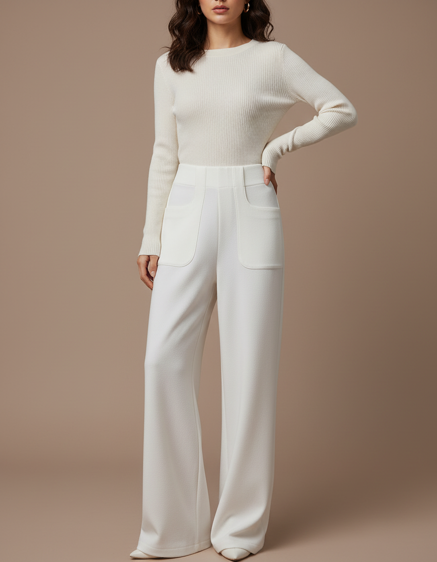 Pantalon Blanc Beige Femme - Laine