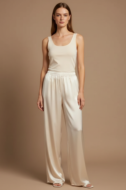 Pantalon Beige Satiné Fluide Élégant Femme