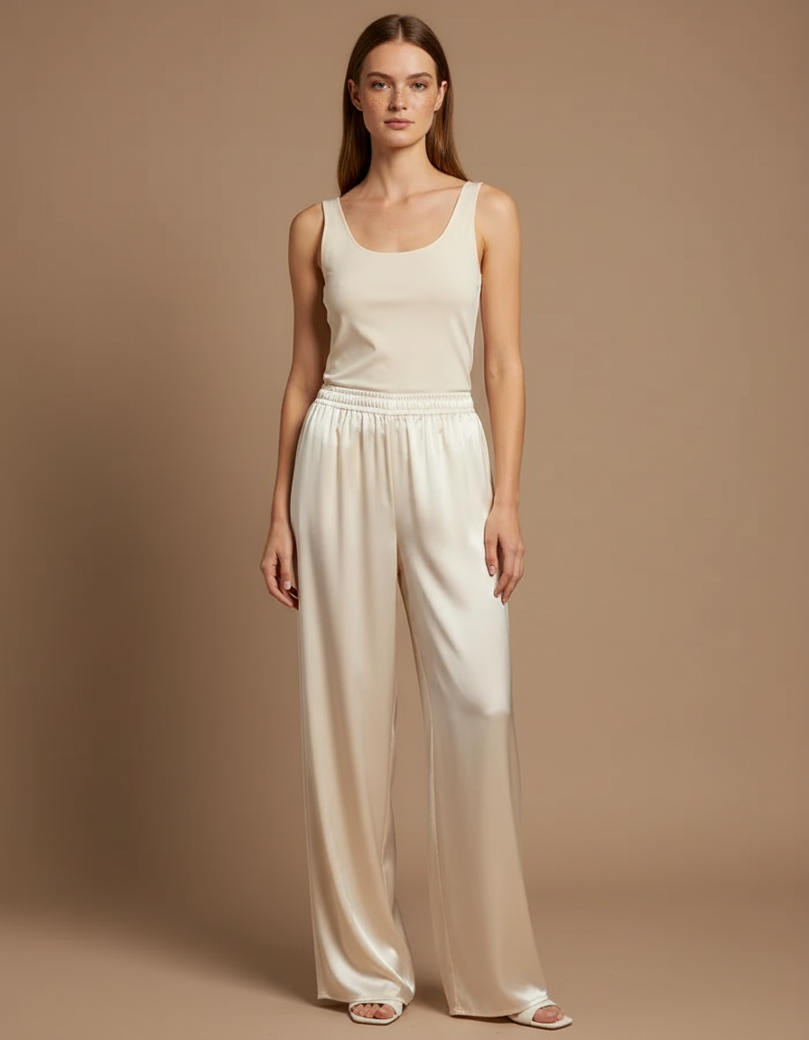 Pantalon Beige Satiné Fluide Élégant Femme
