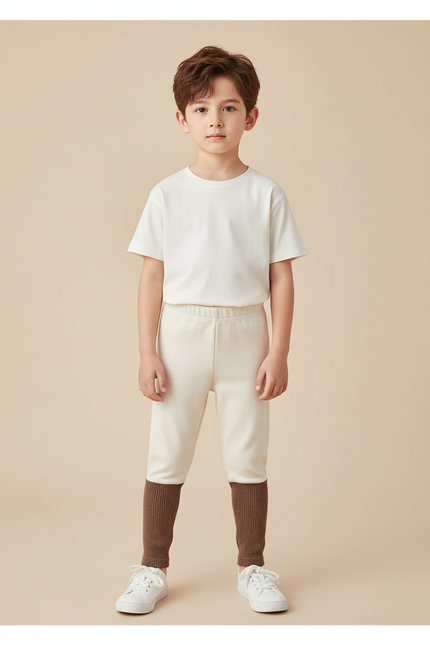 Pantalon Beige Enfant Bicolore Côtelé Ample Doublé - Molleton