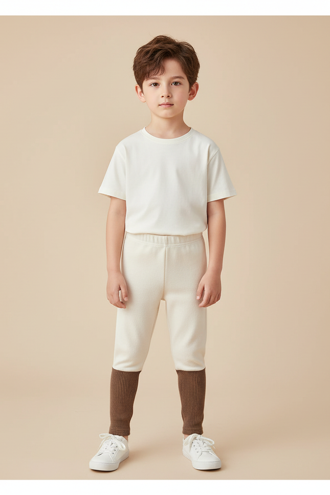 Pantalon Beige Enfant Bicolore Côtelé Ample Doublé - Molleton