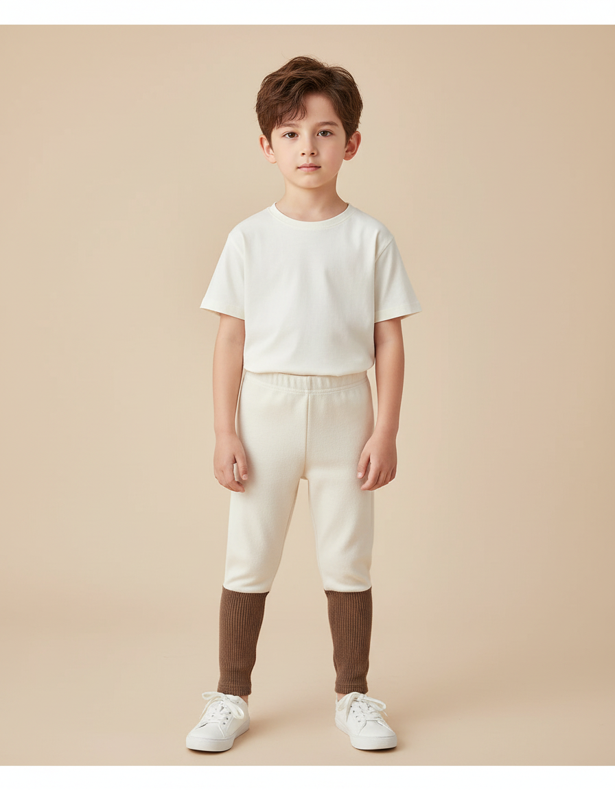Pantalon Beige Enfant Bicolore Côtelé Ample Doublé - Molleton
