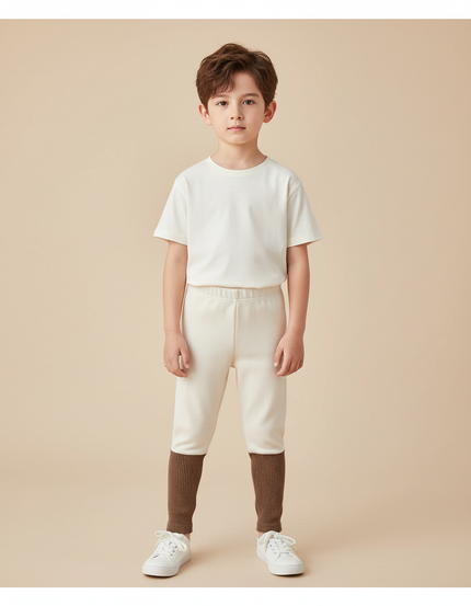 Pantalon Beige Enfant Bicolore Côtelé Ample Doublé - Molleton