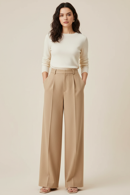 Pantalon Beige Large Plissé Taille Haute Élégant - Laine