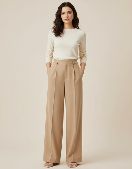 Pantalon Beige Large Plissé Taille Haute Élégant - Laine