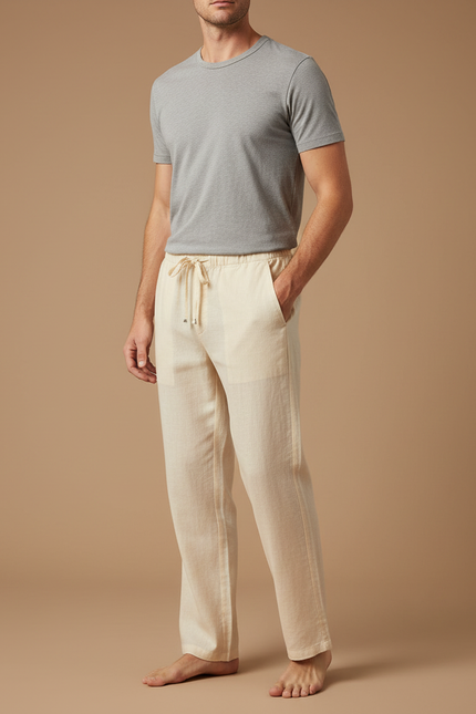 Pantalon Beige Lin Coton Ample Décontracté Homme