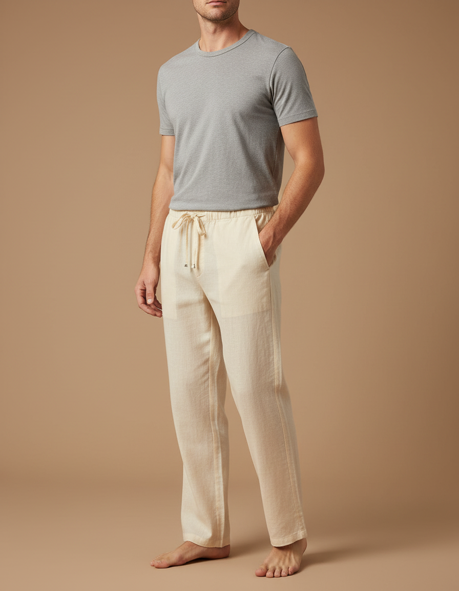 Pantalon Beige Lin Coton Ample Décontracté Homme