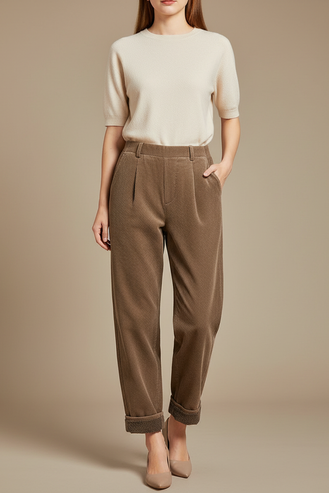 Pantalon Beige Côtelé Ample Décontracté Femme - Cordé