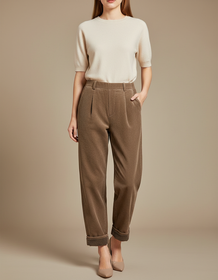 Pantalon Beige Côtelé Ample Décontracté Femme - Cordé