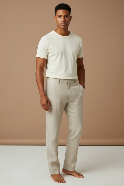 Pantalon Beige Lin Droit Décontracté Homme Élégant
