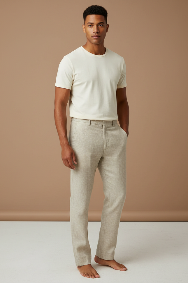 Pantalon Beige Lin Droit Décontracté Homme Élégant