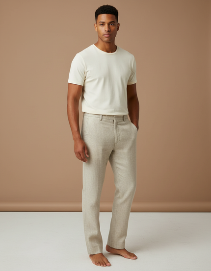 Pantalon Beige Lin Droit Décontracté Homme Élégant