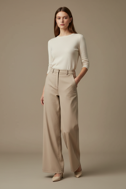 Pantalon Beige Droit Ample Coton Élégant Femme