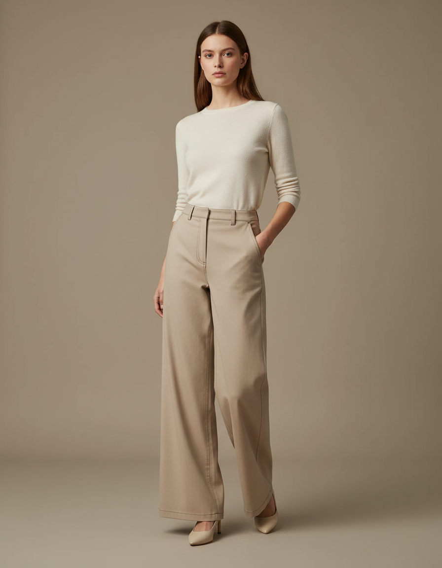 Pantalon Beige Droit Ample Coton Élégant Femme