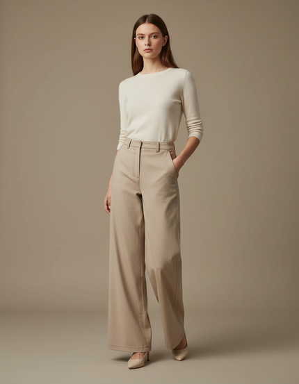 Pantalon Beige Droit Ample Coton Élégant Femme