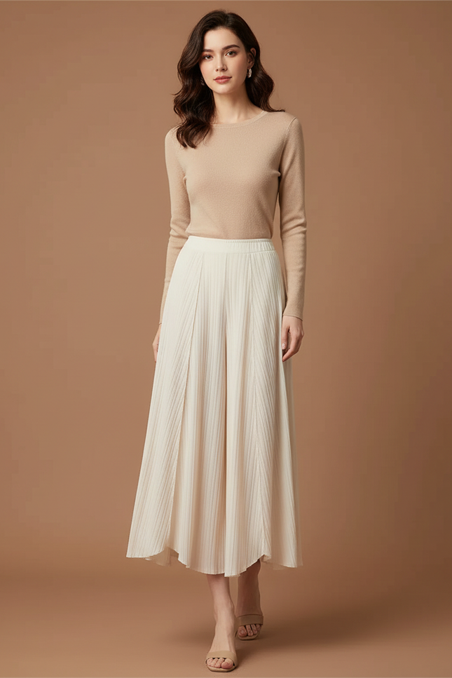 Pantalon Beige Plissé Fluide Élégant Femme - Polyester