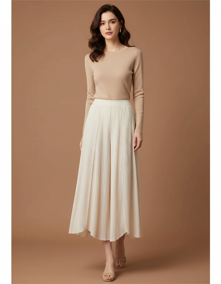 Pantalon Beige Plissé Fluide Élégant Femme - Polyester