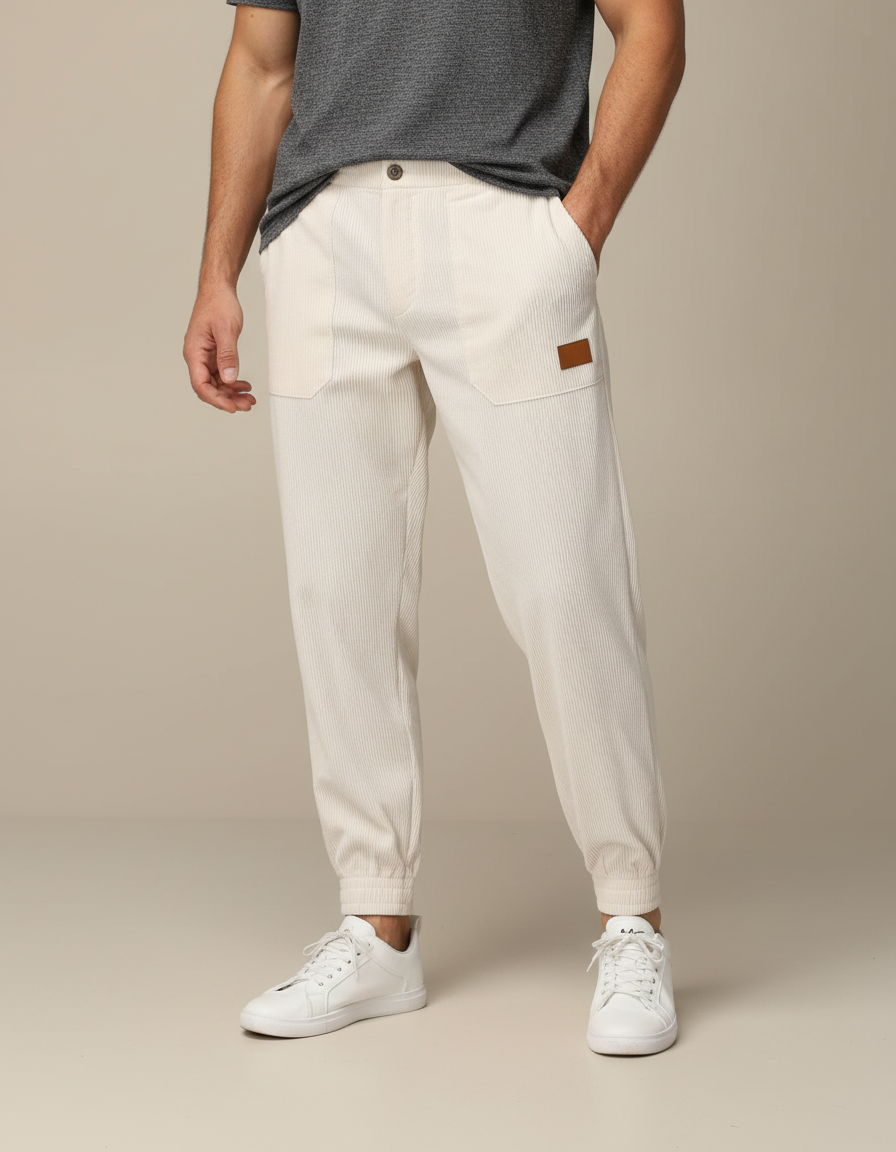 Pantalon Beige Côtelé Ample Homme Décontracté - Cordé