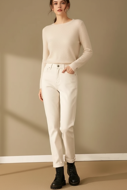 Pantalon Beige Droit Taille Haute Épais Décontracté Femme - Jean