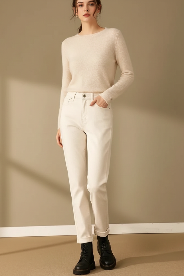 Pantalon Beige Droit Taille Haute Épais Décontracté Femme - Jean