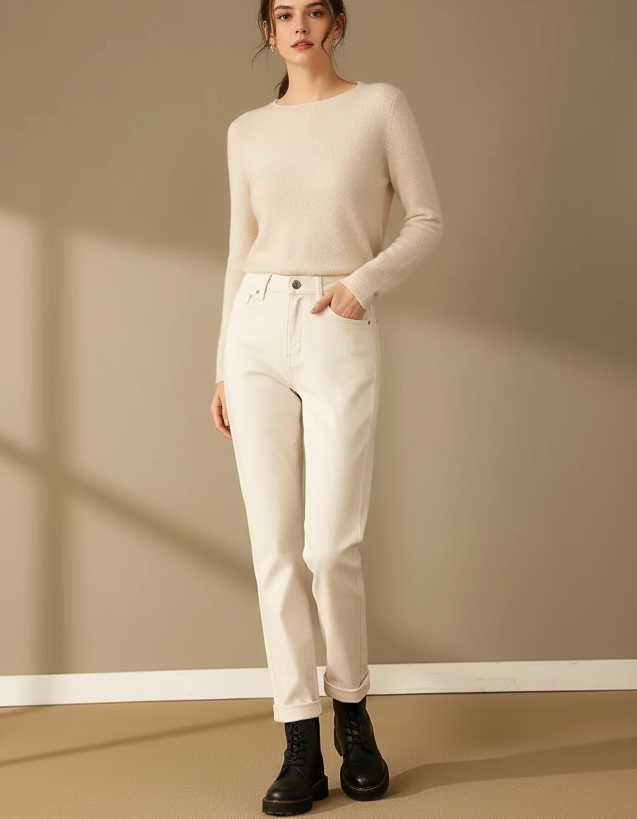 Pantalon Beige Droit Taille Haute Épais Décontracté Femme - Jean