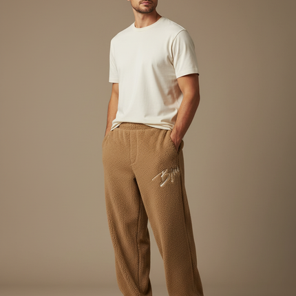 Pantalon Beige Polaire Brodé Ample Décontracté Homme - Marron Molleton