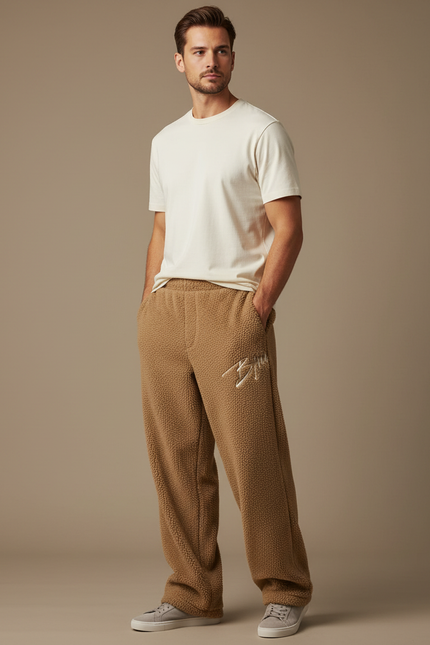 Pantalon Beige Polaire Brodé Ample Décontracté Homme - Marron Molleton