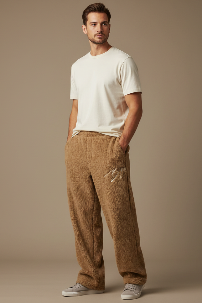 Pantalon Beige Polaire Brodé Ample Décontracté Homme - Marron Molleton