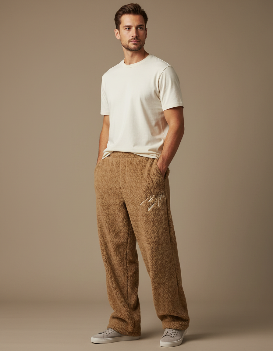 Pantalon Beige Polaire Brodé Ample Décontracté Homme - Marron Molleton