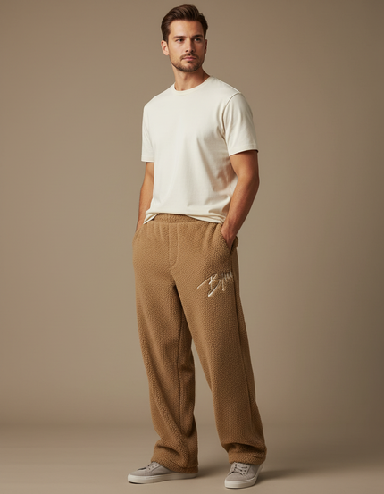 Pantalon Beige Polaire Brodé Ample Décontracté Homme - Marron Molleton