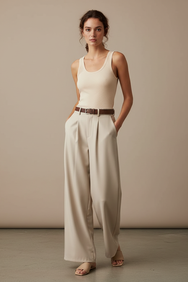 Pantalon Fluide Taille Haute Beige - Polyester