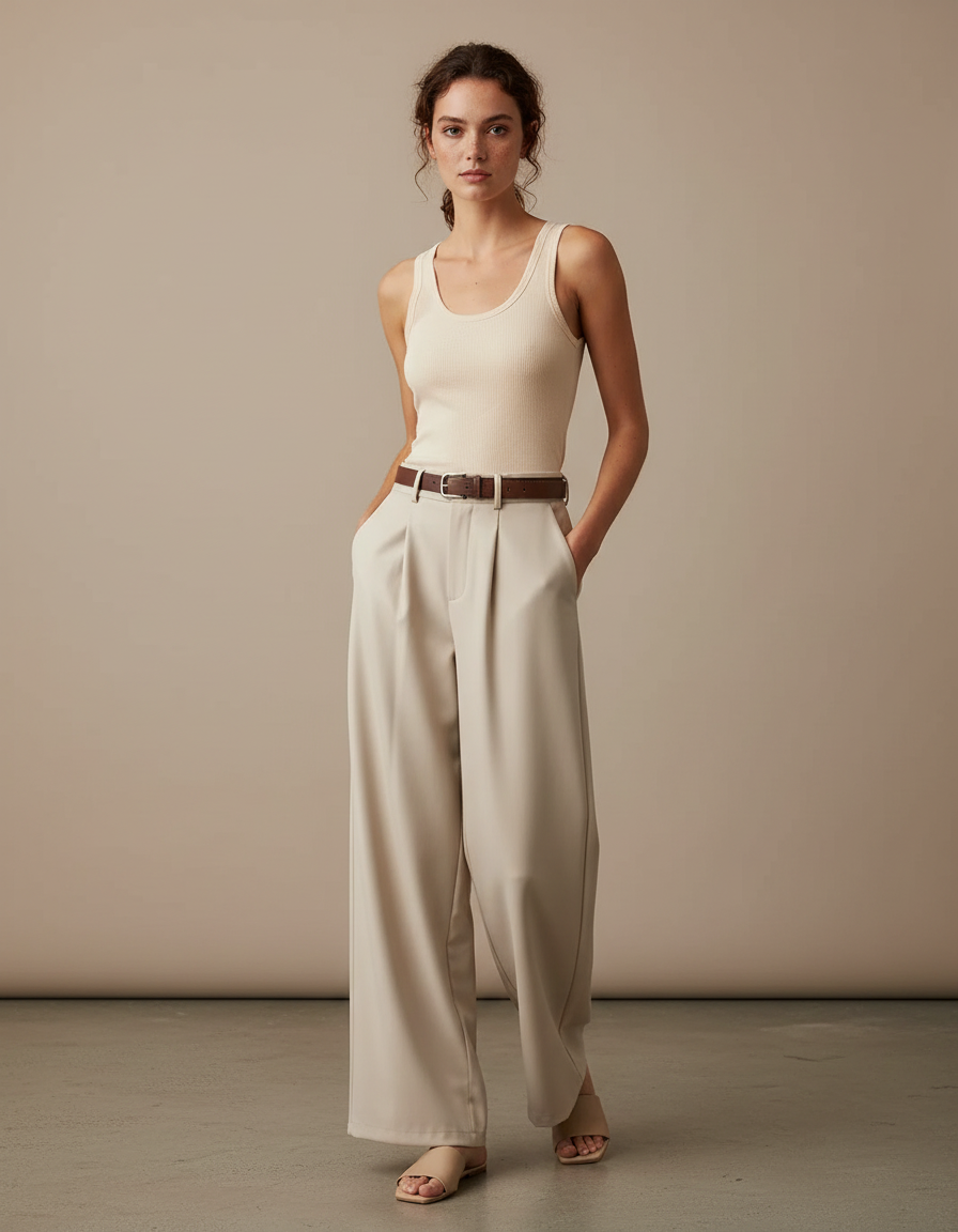 Pantalon Fluide Taille Haute Beige - Polyester