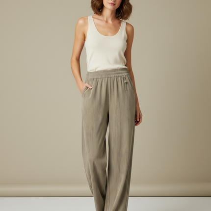 Pantalon Beige Fluide Ample Taille Élastique Confortable - Kaki Viscose
