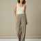 Pantalon Beige Fluide Ample Taille Élastique Confortable - Kaki Viscose