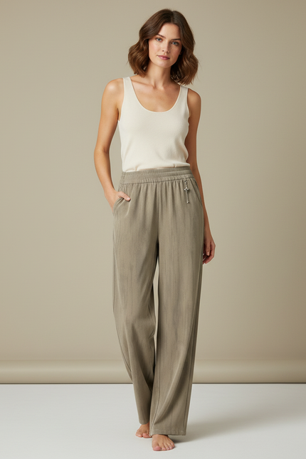Pantalon Beige Fluide Ample Taille Élastique Confortable - Kaki Viscose