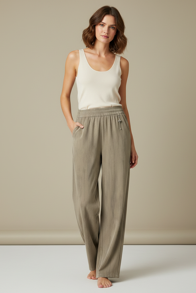 Pantalon Beige Fluide Ample Taille Élastique Confortable - Kaki Viscose